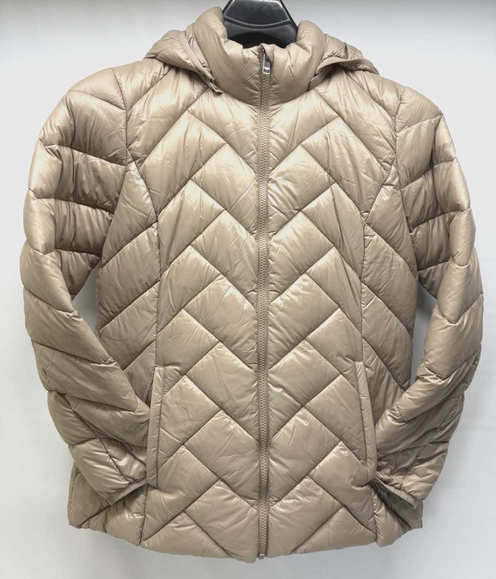 LONDON FOG Women's Large Lightweight Packable Down Beige Hooded Puffer Jacket